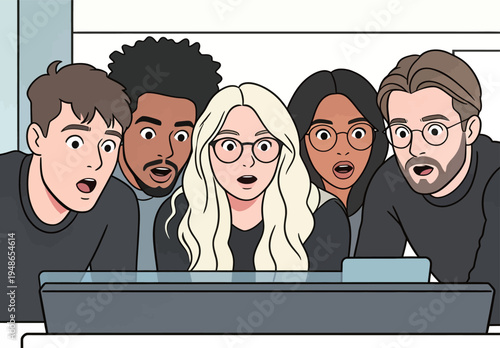 Group of friends surprised by what they see on a computer screen at home