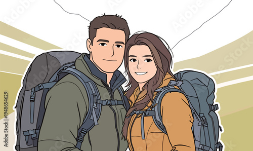 Two people prepare for a hiking trip in a natural setting with backpacks on a sunny day