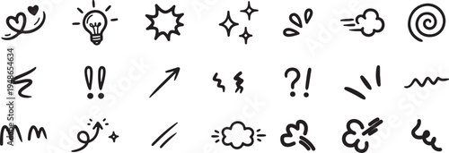 Hand Drawn Anime Movement Effect Lines Set – Cute Doodle Arrows, Shock, Sparkle and Emphasis Vector Elements