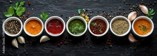 Wallpaper Mural row of small white bowls with colorful sauces and spice blends, scattered peppercorns, garlic cloves and parsley on dark slate, vibrant appetizing culinary presentation Torontodigital.ca