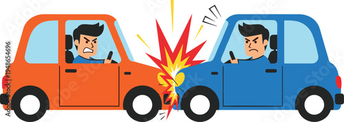 Two cars collision accident with angry drivers, road rage traffic crash concept, dangerous driving situation cartoon vector illustration