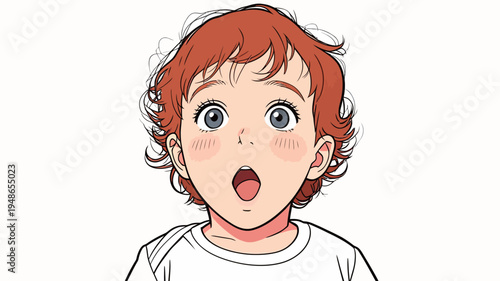 Child with red hair looks surprised while sitting and staring at something in front