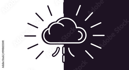 Cloud Icon with Raindrops and Rays on Split Background