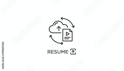 Cloud Upload Resume Icon with Arrows, Digital Document and Play Button