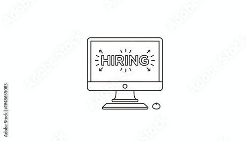 Computer Screen Displaying "Hiring" Text with Arrows, Online Recruitment Concept