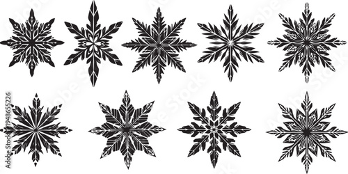 Set of black and white snowflakes on white background