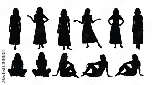 A collection of black silhouette illustrations of women in various poses and attire