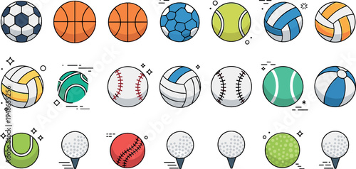 Sports Balls Vector Collection with Soccer Basketball Tennis Volleyball Baseball Golf and Beach Ball Icons Athletic Equipment Illustration Set