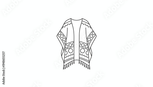 Boho Kimono Fashion Sketch - Geometric Patterned Poncho with Tassels