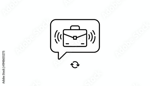Briefcase notification icon with sound waves in speech bubble, refresh symbol below