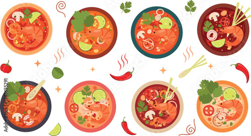 Spicy Asian noodle soup bowls vector illustration set featuring ramen, shrimp broth, chili peppers, herbs and traditional hot comfort food cuisine