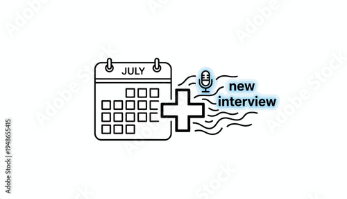 Calendar with July and Microphone Icon Symbolizing New Interview Appointment or Event Planning