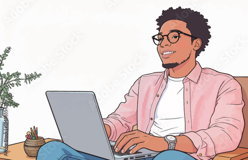 Young man works on laptop at home during daytime with plants and stationery present on the desk
