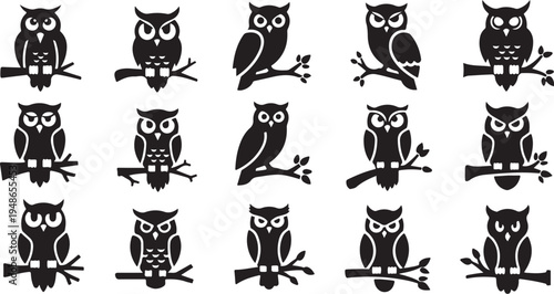Collection of various owl silhouettes on white background