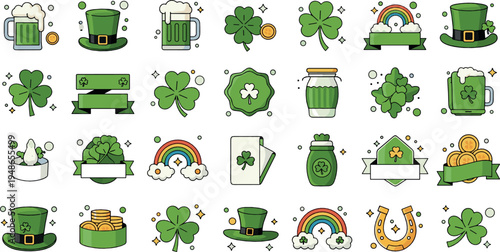 St Patrick’s Day icons collection with clover, leprechaun hat, beer mug and lucky symbols illustration set