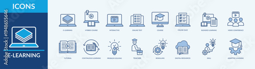 E-Learning - Icon Collection. Thin Line Blue Set contains such Icons as online quiz, video conference, skill and more. Simple web icons set