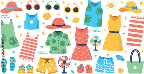 Summer Beach Fashion Vector Set with Dresses Hats Sunglasses Sandals Swimwear Accessories Tropical Vacation Clothing Illustration Collection