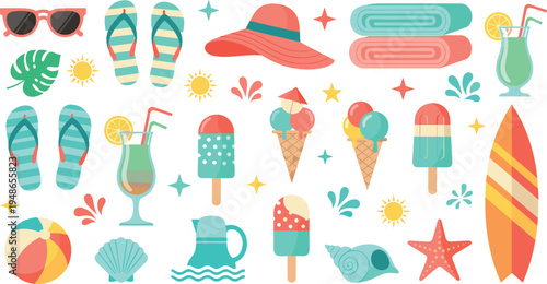 Summer Beach Vacation Vector Collection with Ice Cream Surfboard Flip Flops Sunglasses Cocktail Tropical Holiday Illustration Set