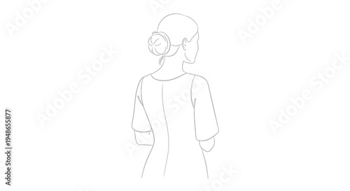 Back view of a woman with a bun hairstyle, wearing a simple dress, looking away.