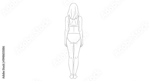 Back View of Woman in Swimsuit Standing Still, Full Body Line Drawing