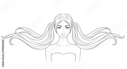 Beautiful Woman with Long Wavy Pigtails, Sketchy Line Art Portrait, Elegant Hairstyle