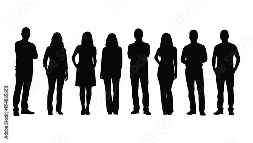 Diverse group of people standing in a line, silhouette illustration, various poses and attire, business casual and formal wear