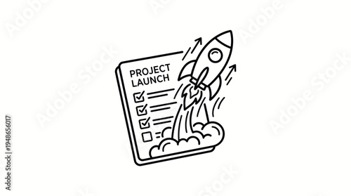 Minimalist outline vector icon of a rocket launching from a project launch checklist, symbolizing startup, success, and new beginnings.