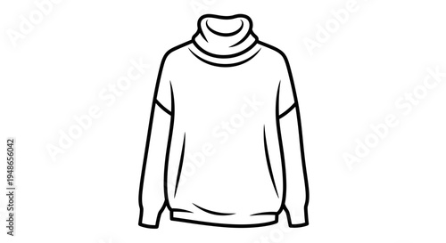 Black and white line art illustration of a cozy turtleneck sweater, fashion sketch