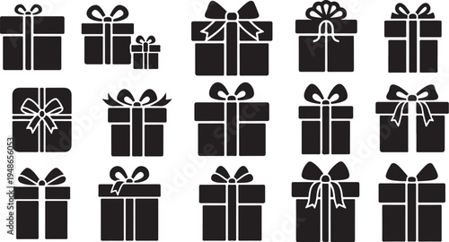 Black gift boxes with white ribbons and bows illustration