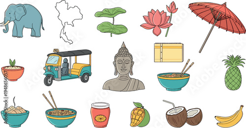 Thailand culture and travel icons vector set with tuk tuk, Buddha statue, tropical fruits, Thai food bowls and traditional symbols