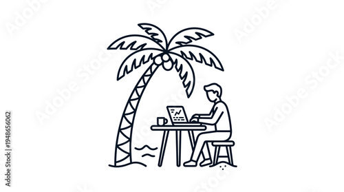 Outline vector icon of a digital nomad working on a laptop under a palm tree on a beach, symbolizing remote work and travel.