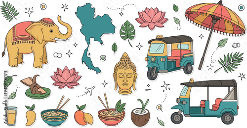 Thailand travel elements collection with elephant, tuk tuk, Buddha statue, lotus flower and tropical food cultural illustration set