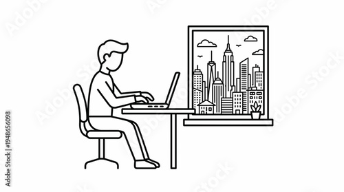 Minimalist line drawing of a person working on a laptop at a desk, with a city skyline visible through the window, representing remote work and urban life.