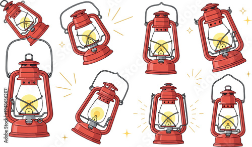 Vintage Camping Lantern Vector Collection with Retro Kerosene Lamp Outdoor Light Adventure Equipment Illustration Set