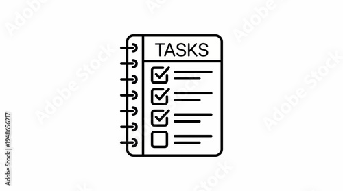 Minimalist outline vector icon of a checklist notebook with completed tasks and checkboxes, representing to-do lists and organization.