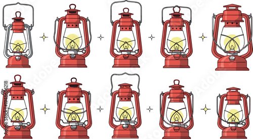 Vintage Camping Lantern Vector Collection with Retro Kerosene Lamps Outdoor Adventure Light Equipment Illustration Set