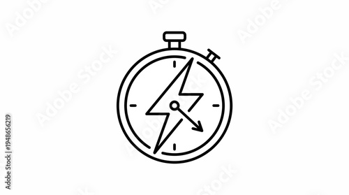Minimalist outline vector icon of a stopwatch with a lightning bolt symbol inside, representing speed, efficiency, or quick time.