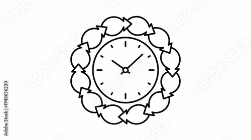 Minimalist outline vector icon of a clock surrounded by circular arrows, representing time, cycles, and continuous processes.
