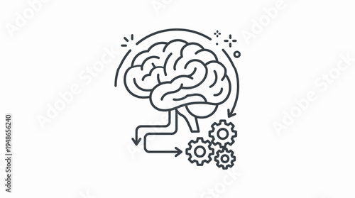 Minimalist outline vector icon of a human brain connected to gears, symbolizing thought processes, intelligence, and mechanical thinking.