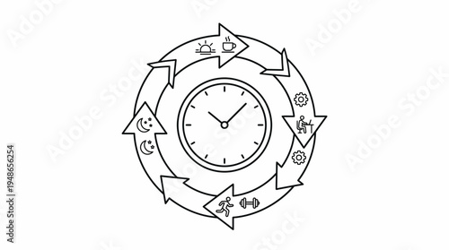Outline vector illustration of a clock with a circular arrow cycle showing daily activities like sunrise, coffee, work, exercise, and nighttime, representing time management and routine.