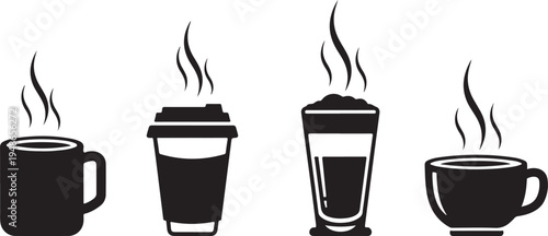 Four black coffee cups with steam rising illustration