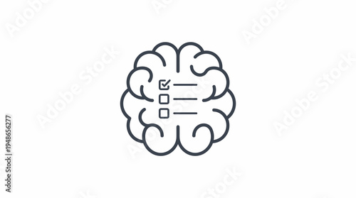Minimalist outline vector icon of a human brain with a checklist inside, representing cognitive processes, planning, organization, and mental tasks.