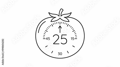 Minimalist outline vector icon of a tomato timer set to 25 minutes, representing the Pomodoro Technique for focused work and time management.