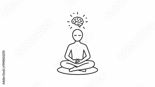 Minimalist outline vector icon of a person meditating in a lotus position with a brain symbol above, representing mental focus and inner peace.