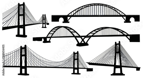 Collection of Bridge Silhouettes: Suspension, Arch, Cable-Stayed Designs