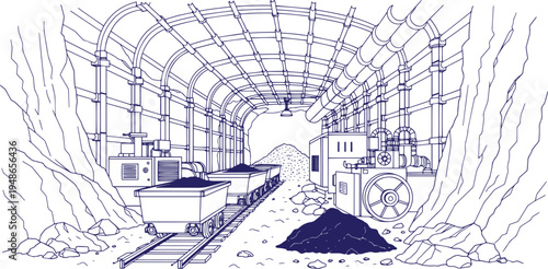 Underground Coal Mine Tunnel Vector Line Art Illustration, Industrial Mining Tunnel with Support Beams Rail Cart Tracks and Mining Machinery, Coal Mining Industry Infrastructure Concept