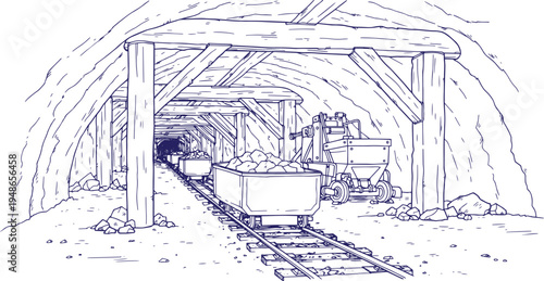 Underground Coal Mine Tunnel Vector Line Art Illustration, Industrial Mining Tunnel with Support Beams Rail Cart Tracks and Mining Machinery, Coal Mining Industry Infrastructure Concept