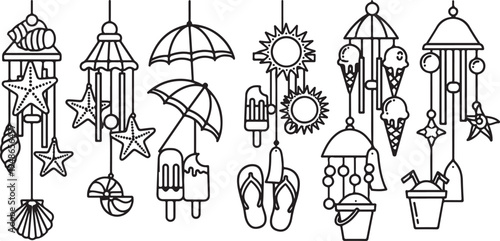 Assorted wind chimes with summer-themed decorations and symbols Vector