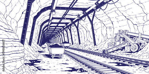 Underground Coal Mine Tunnel Vector Line Art Illustration, Industrial Mining Tunnel with Support Beams Rail Cart Tracks and Mining Machinery, Coal Mining Industry Infrastructure Concept