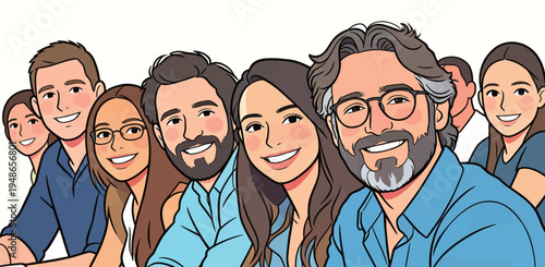 Group of friends smiling and sitting together at a casual gathering in a bright setting